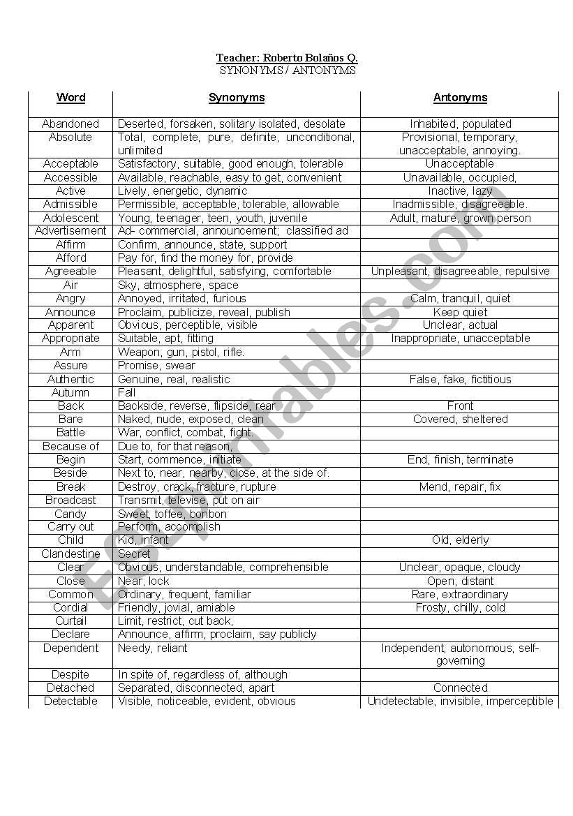 synonyms and antonyms worksheet