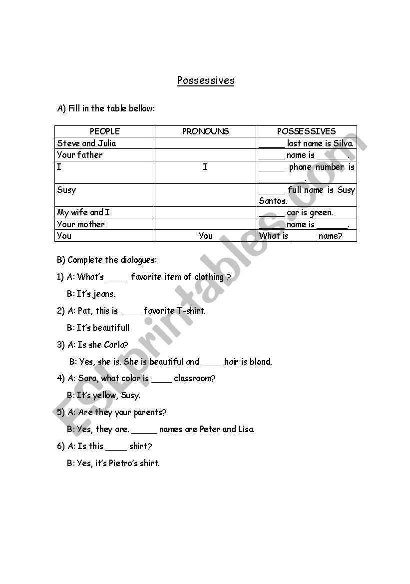 possessive pronouns worksheet