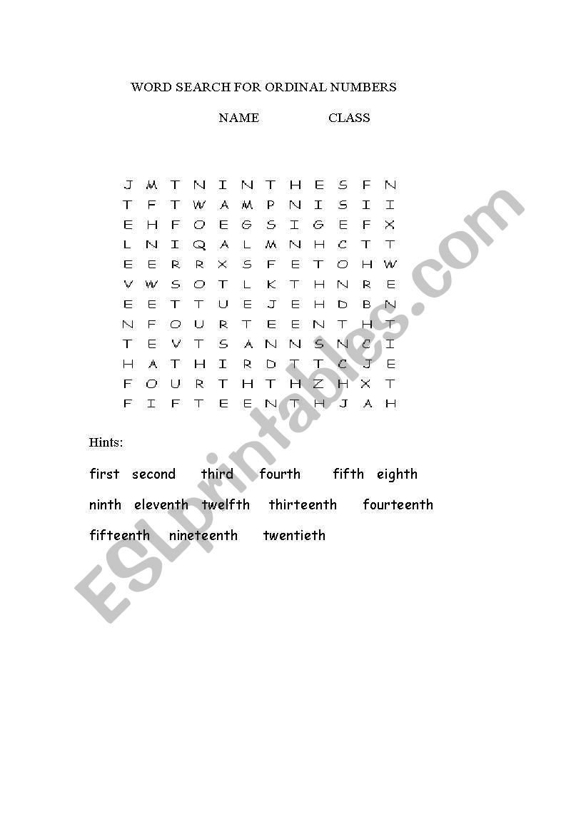 word search for ordinal numbers