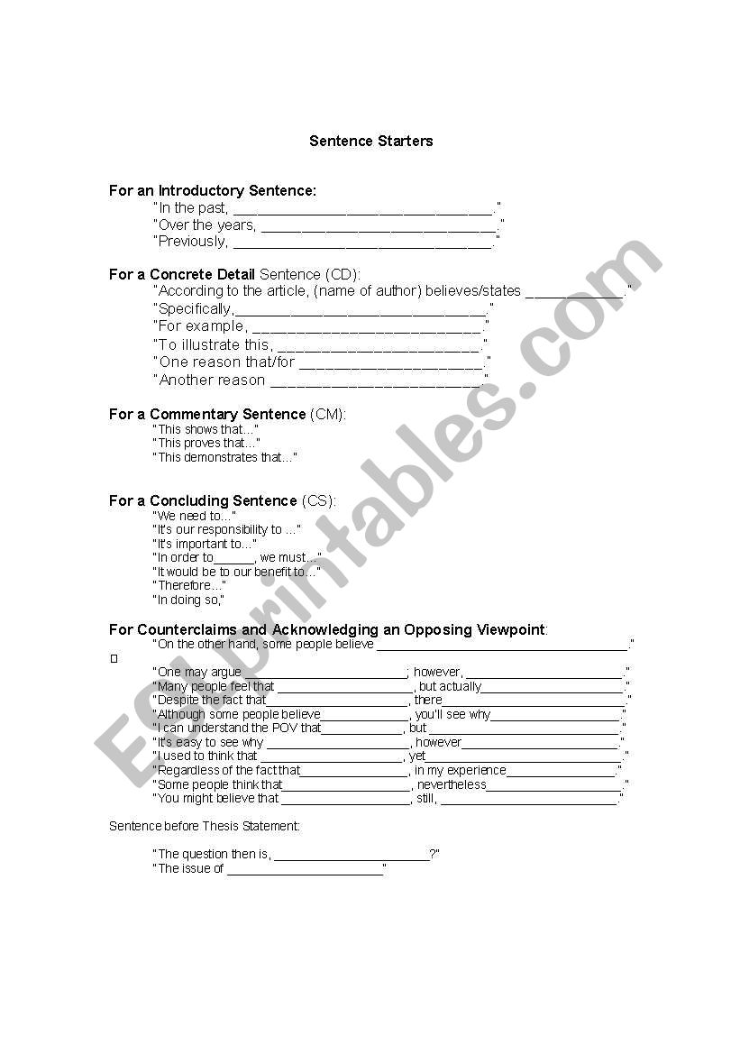 Sentence Starters worksheet