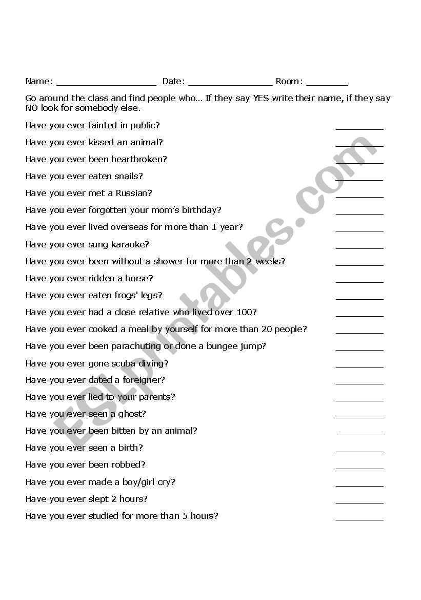 Have you ever? worksheet