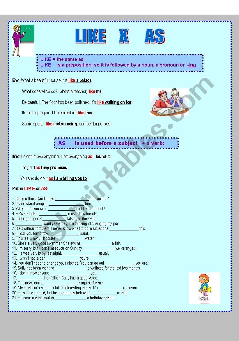 Like versus As worksheet