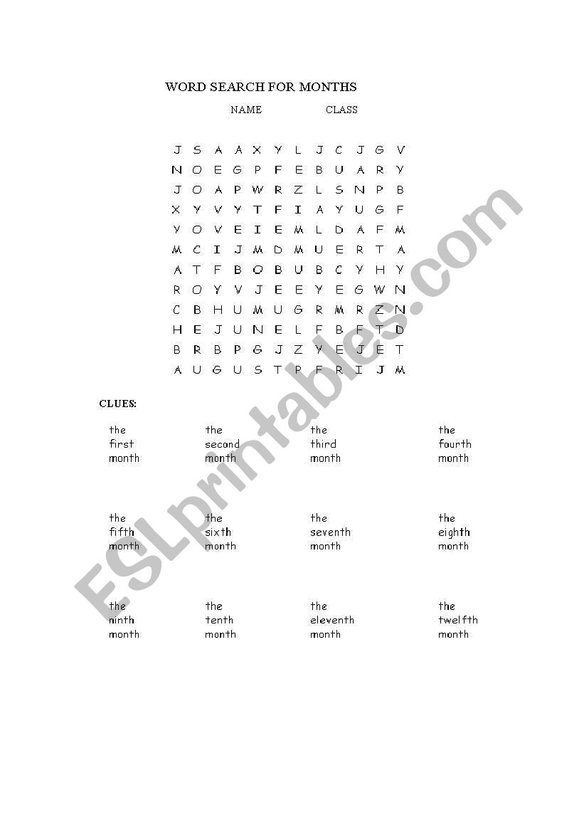 word search for months worksheet