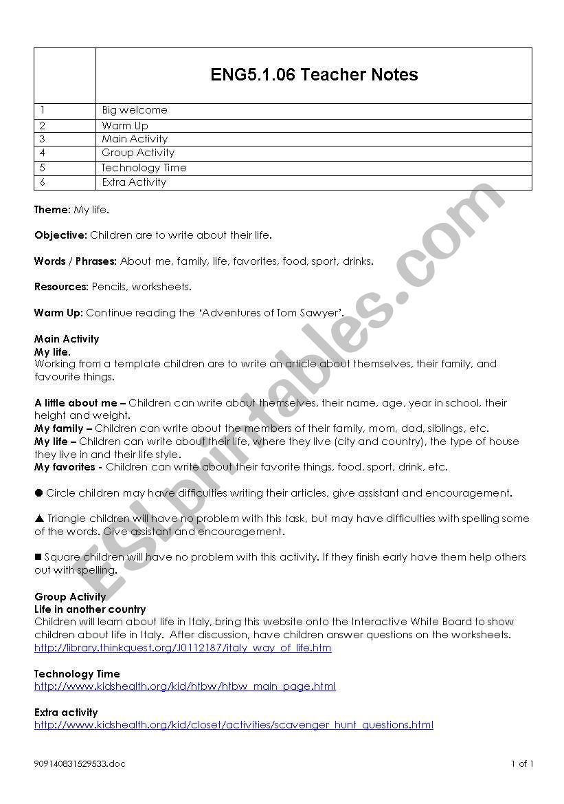 My life worksheet