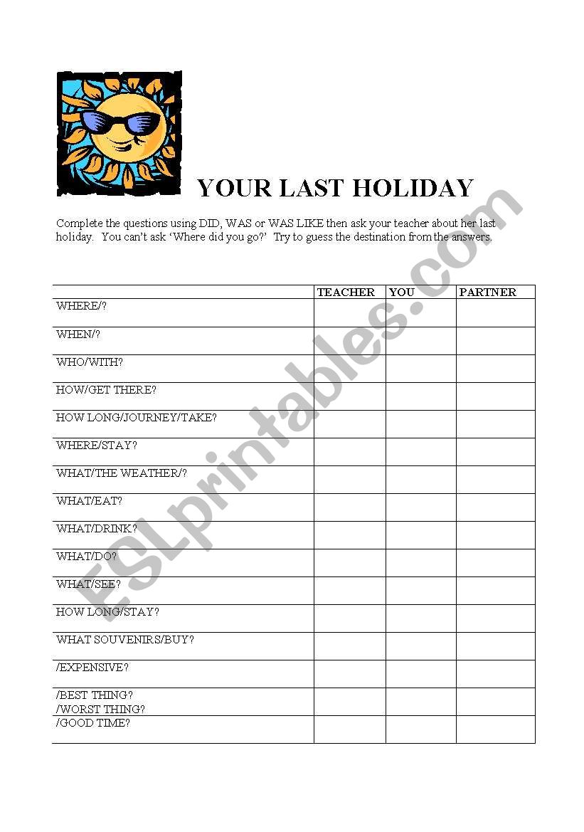 YOUR LAST HOLIDAY worksheet