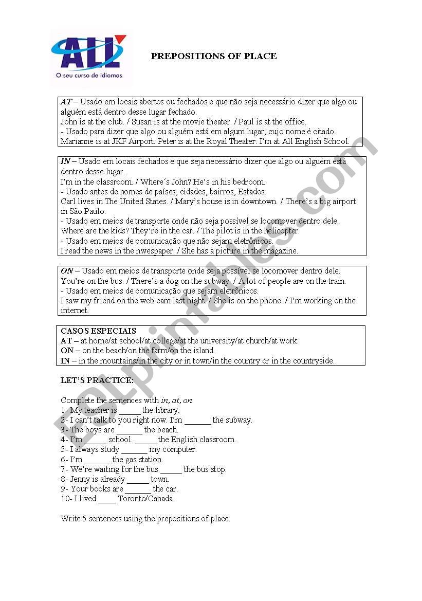 prepositions of place worksheet