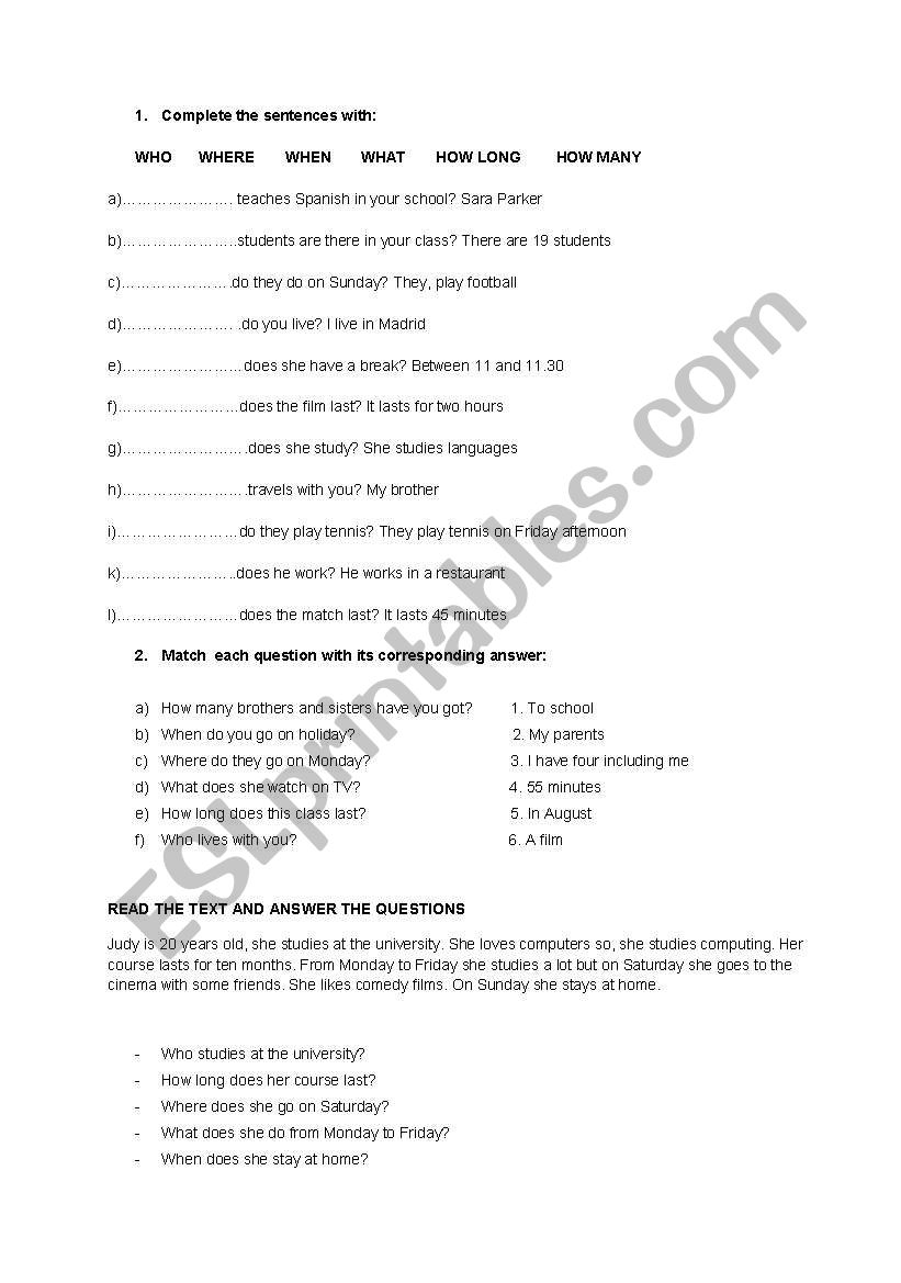 question words revision worksheet