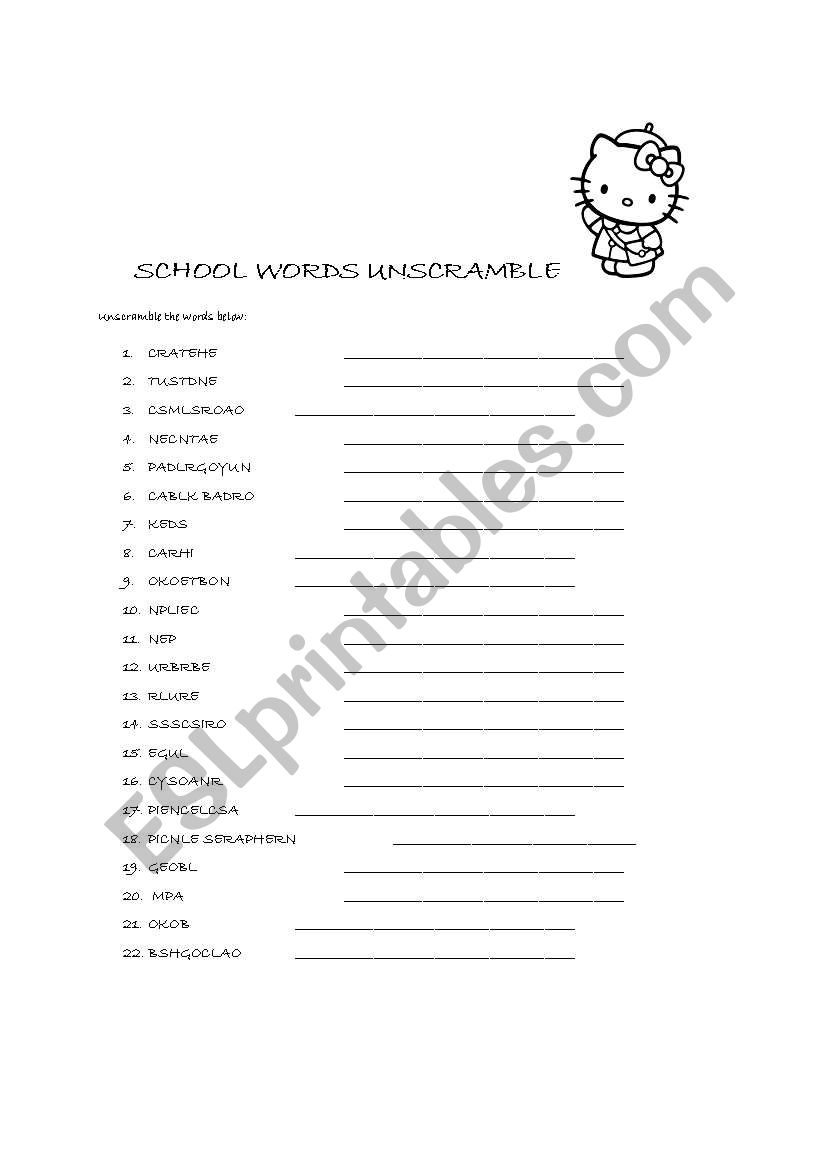 Hello Kitty school words unscramble