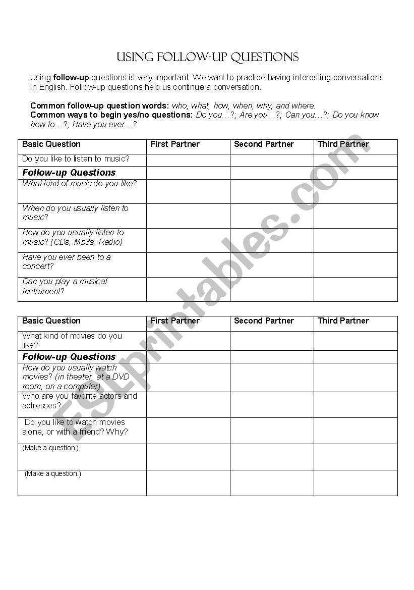 Using Follow Up Questions  worksheet