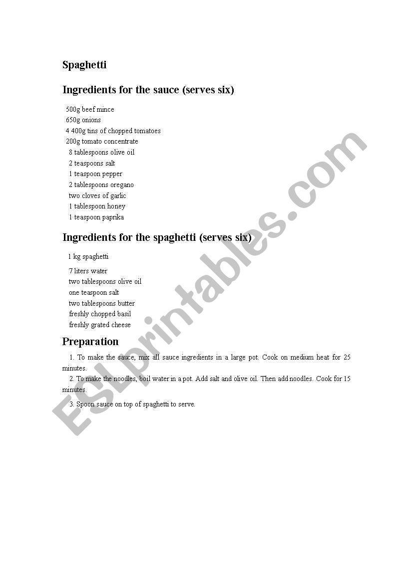 Spagetti recipe worksheet
