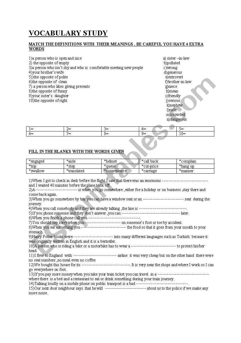 VOCABULARY STUDY worksheet
