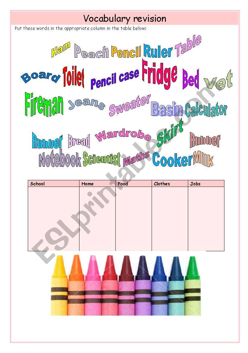 Vocabulary revision worksheet