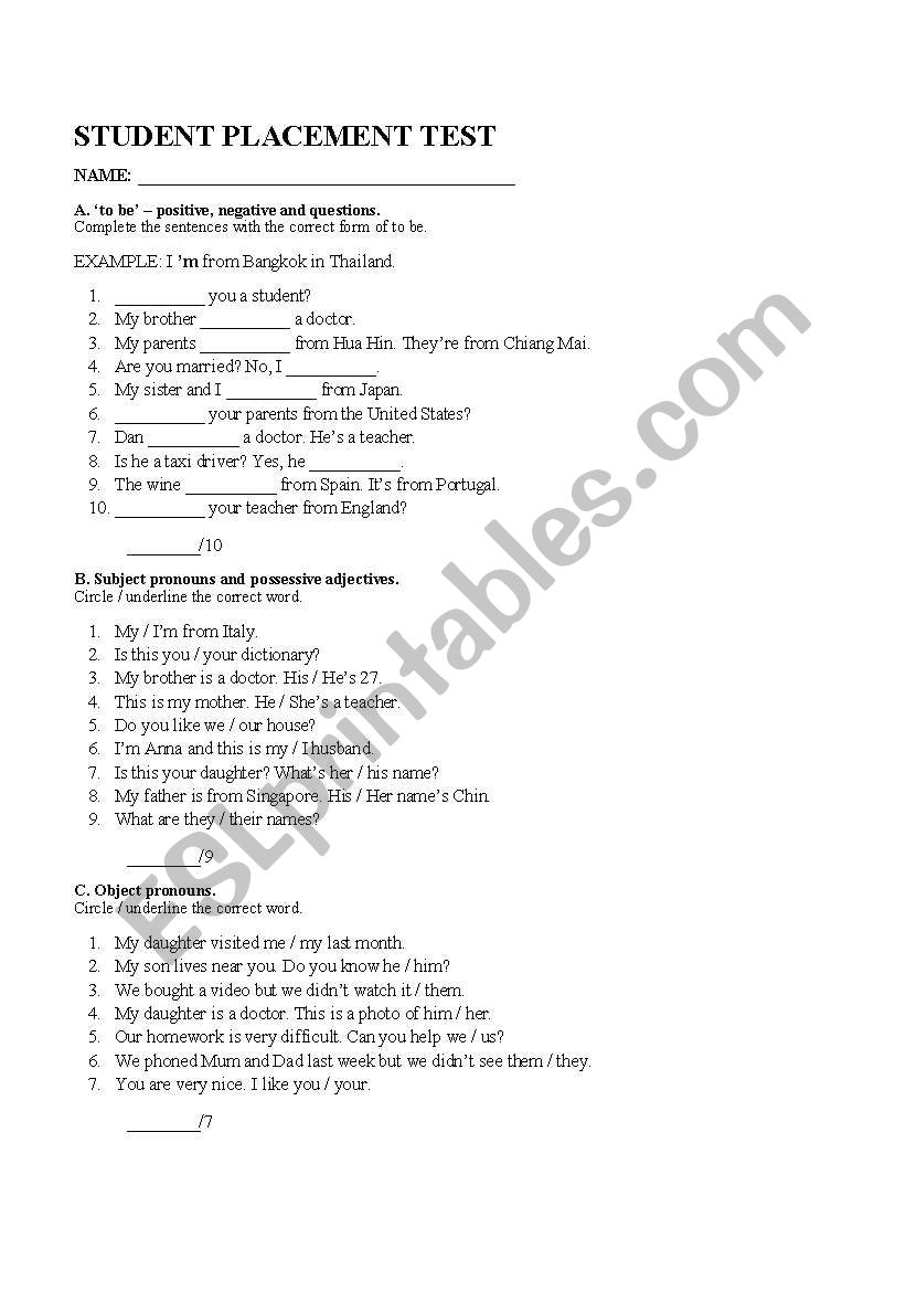 A student placement test worksheet