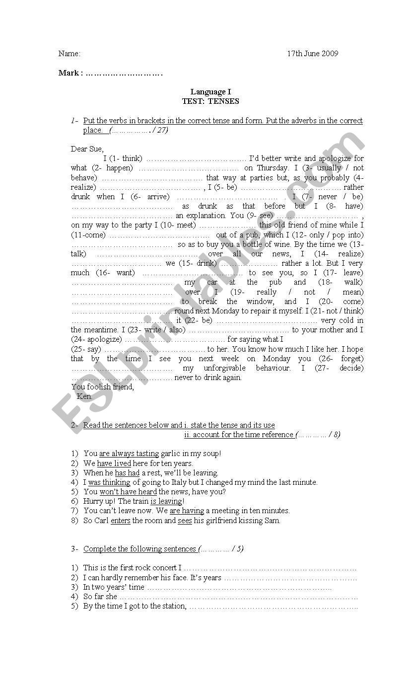 Tenses  worksheet