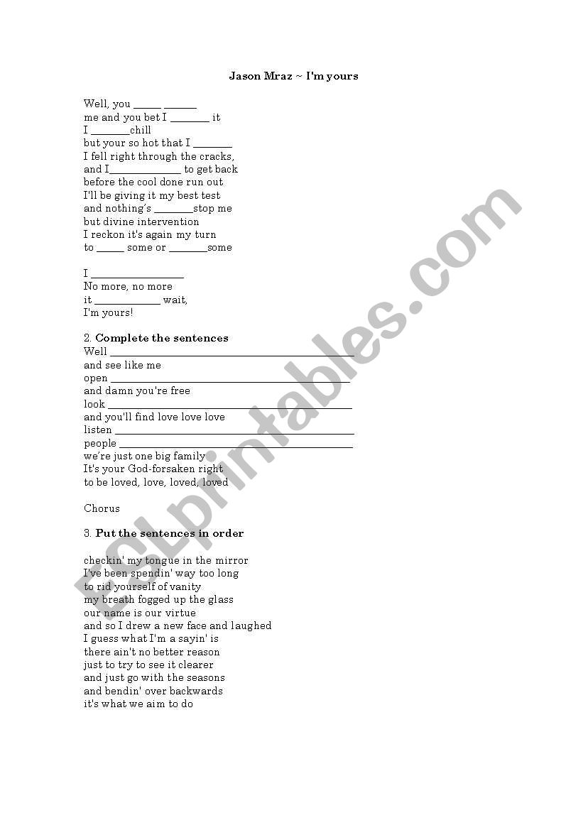 Im yours  byJason Mraz worksheet