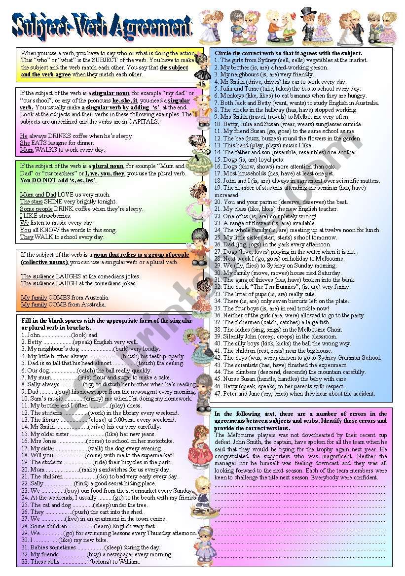 SUBJECT-VERB AGREEMENTThe verb must always agree with the subject. This worksheet focuses on When, Why & How to make the subject agree with the verb((definitions, 80 sentences & 1 exercise to complete))elementary/intermediate((B&W VERSION INCLUDED))