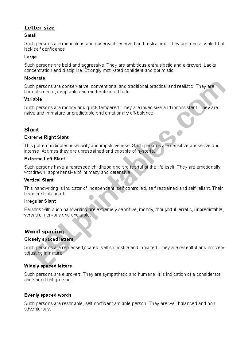 Graphology worksheet