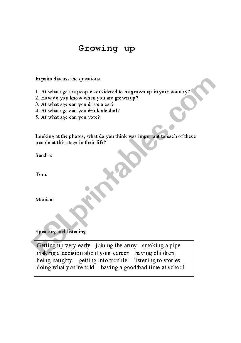 growing up worksheet