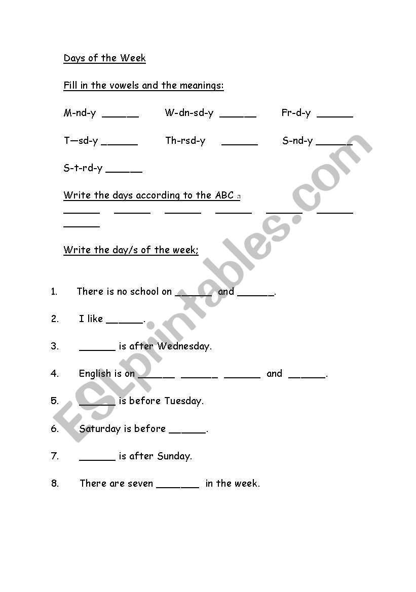 days of the week worksheet