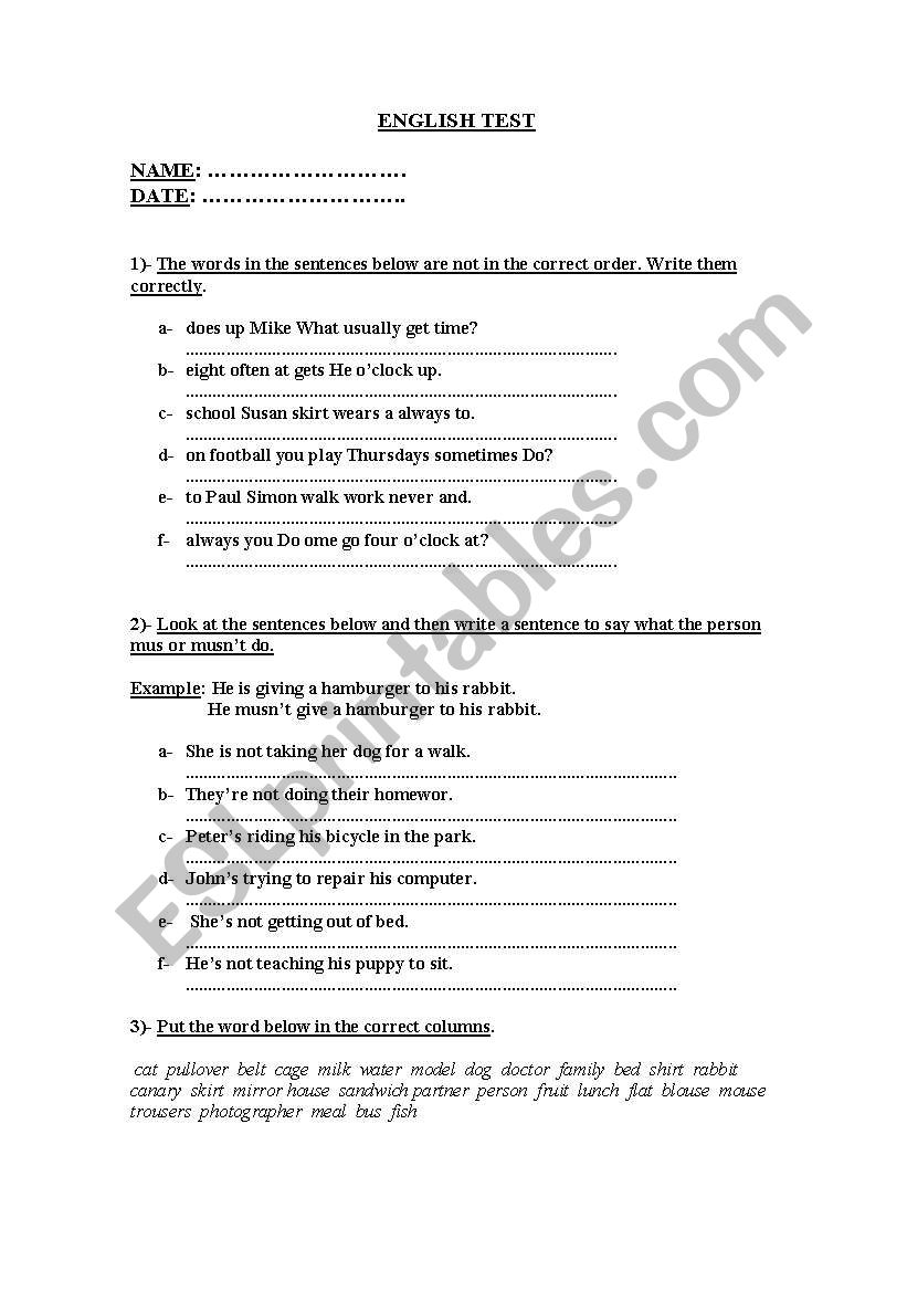 english test worksheet