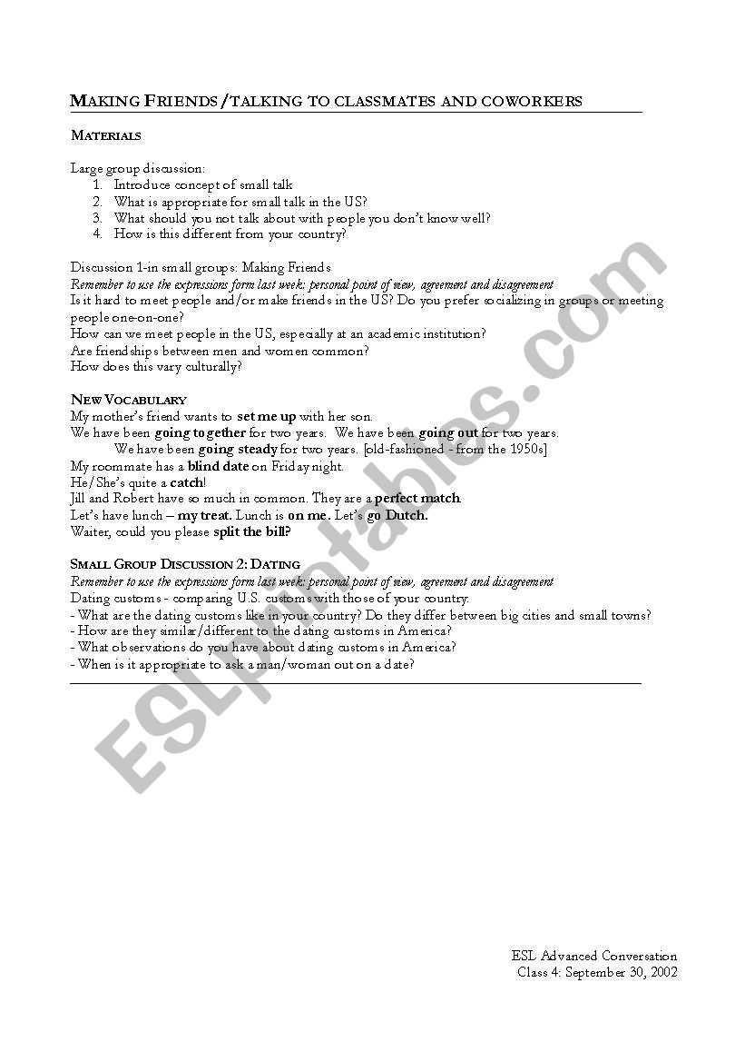 Making Friends and Dating worksheet