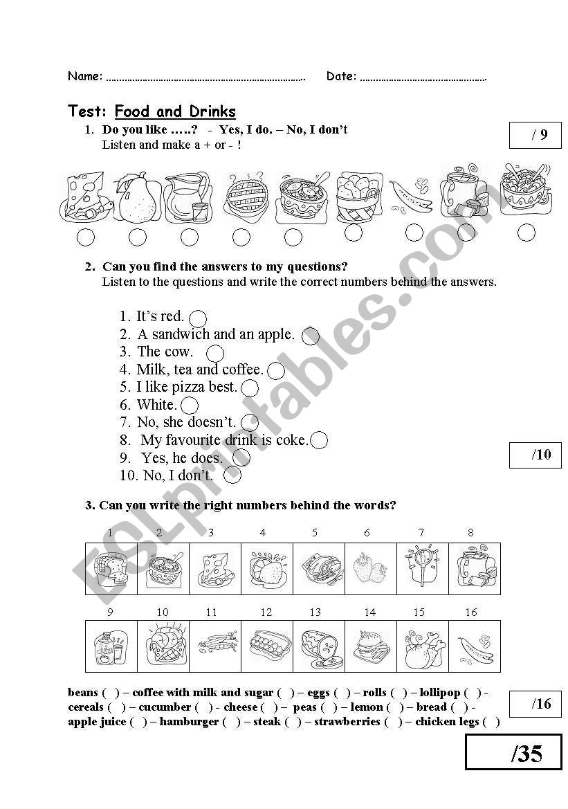 Test - Food and Drinks worksheet