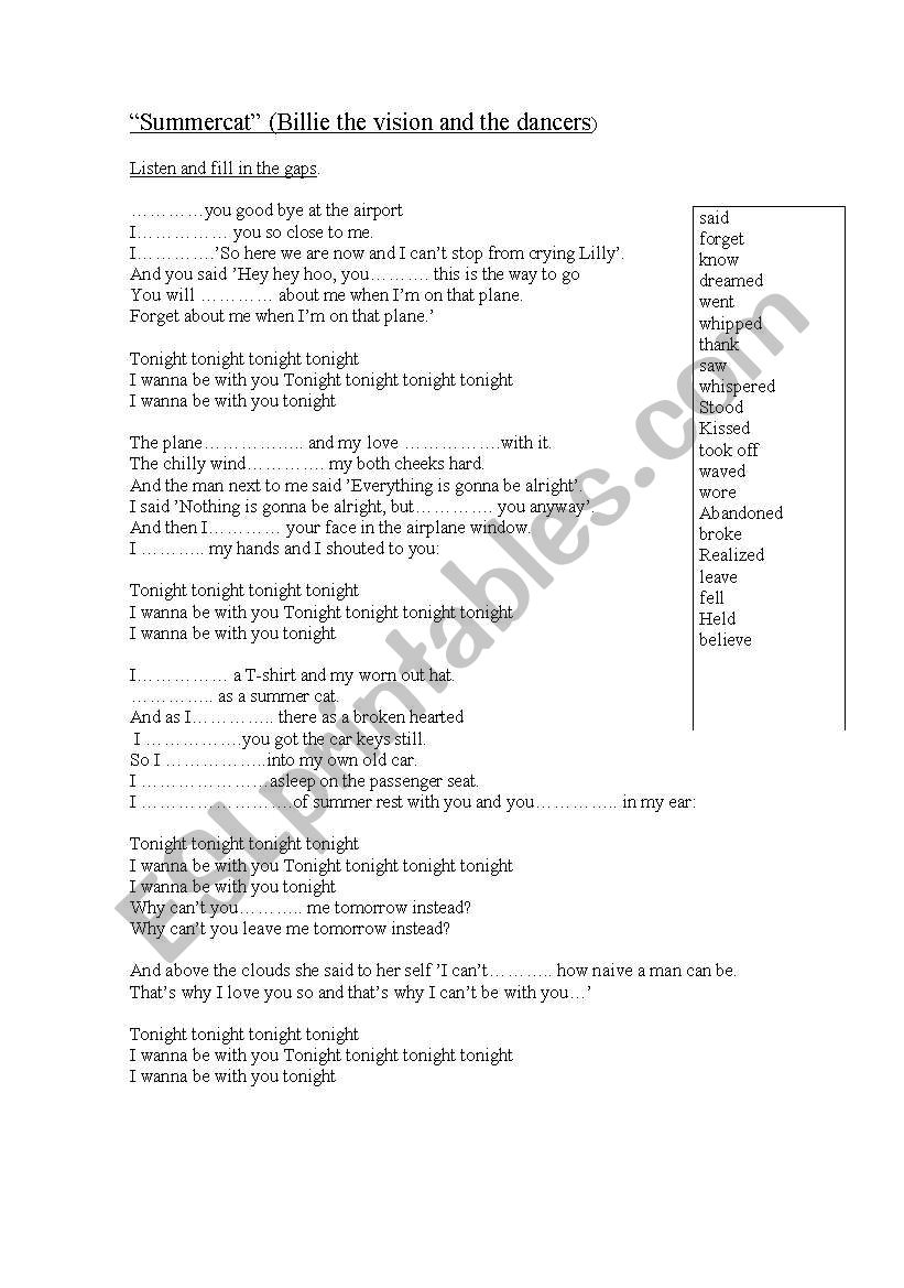 Summercat lyrics worksheet