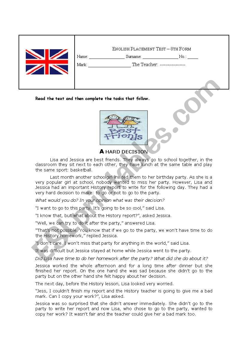 English Placement Test worksheet