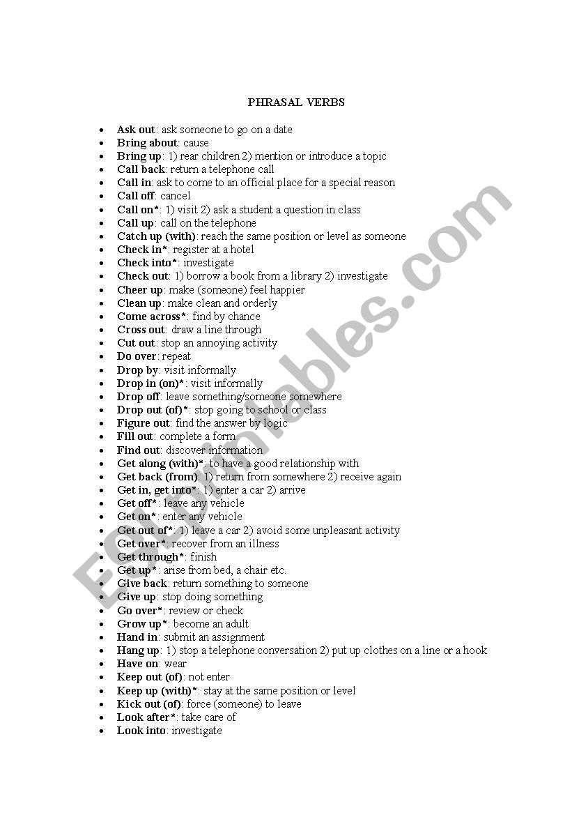 Phrasal verbs list worksheet