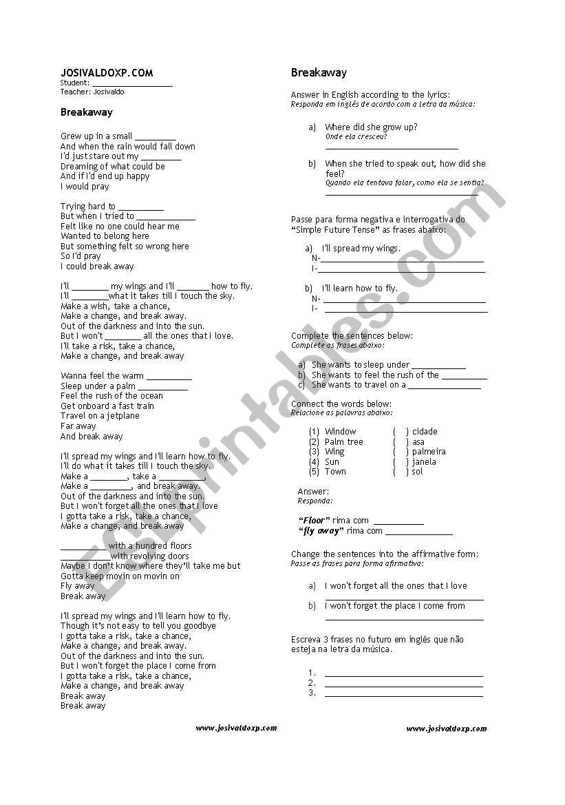 Song Class - Breakaway  worksheet