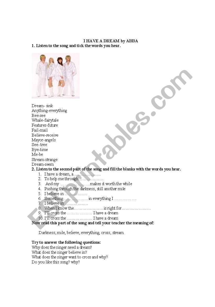 I Have a Dream by ABBA worksheet