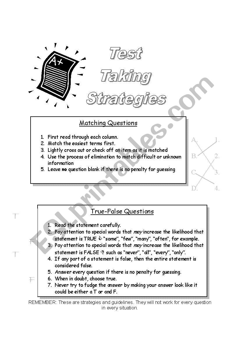 Test Taking Strategies Worksheets