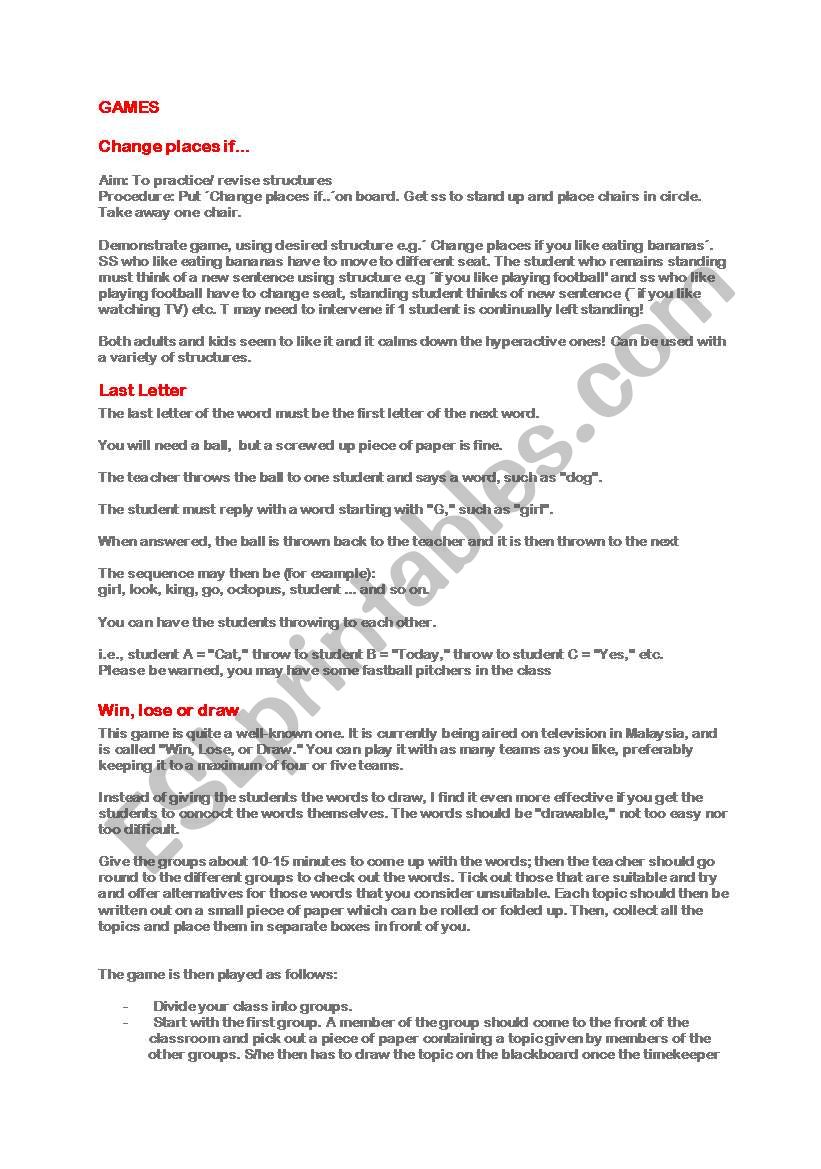 games worksheet