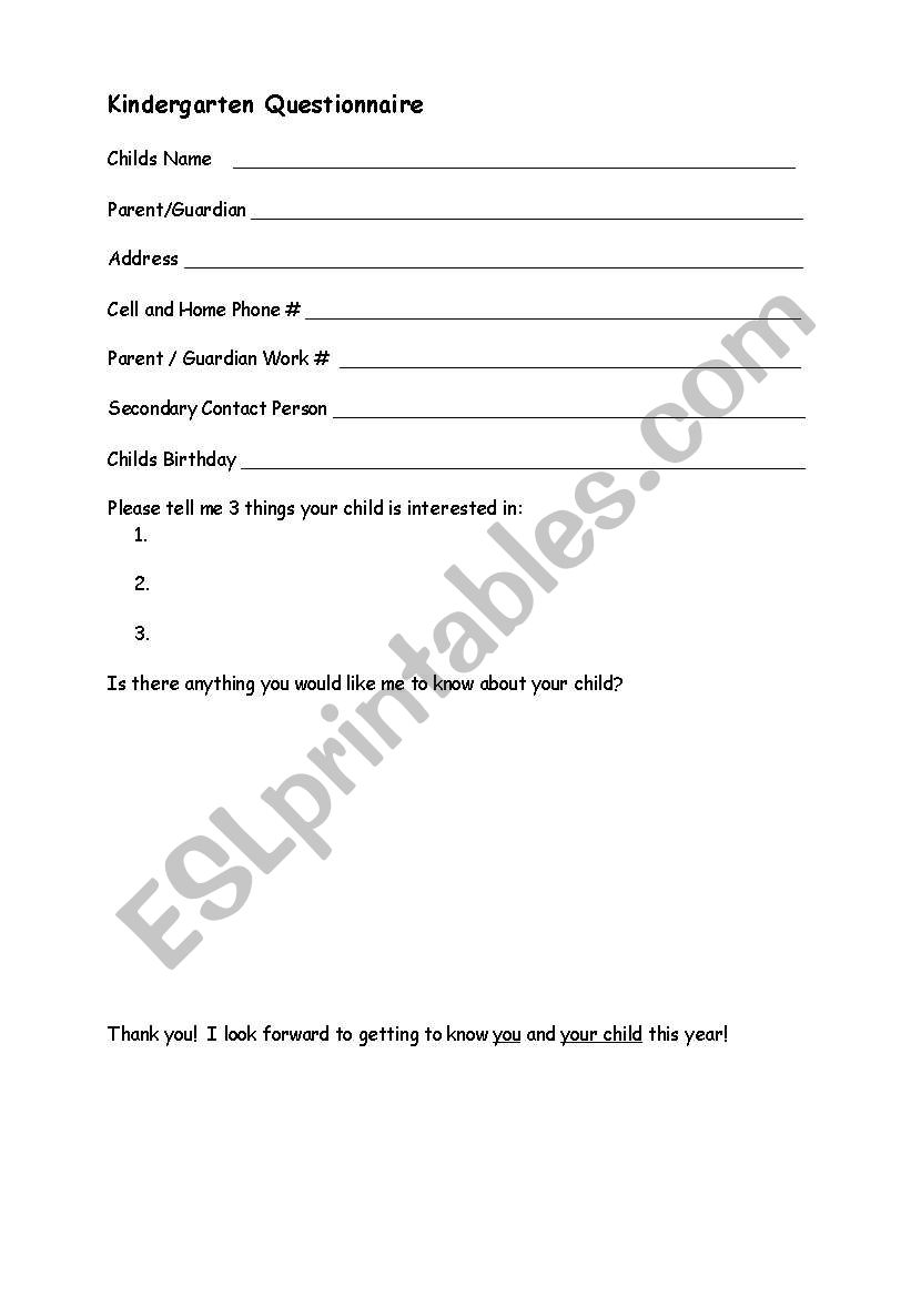 Kindergarten Questionaire worksheet