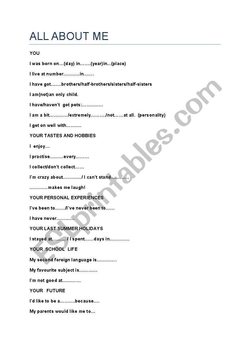 All about me worksheet