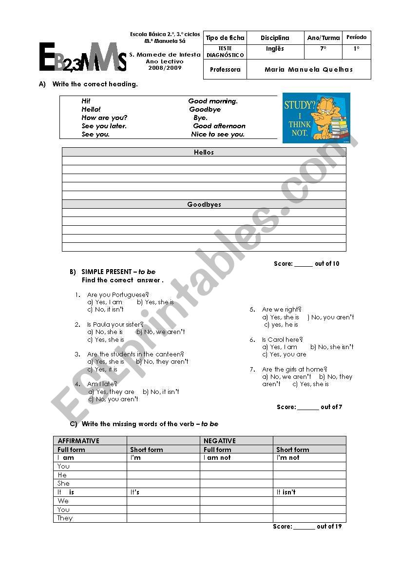 Diagnostic test worksheet