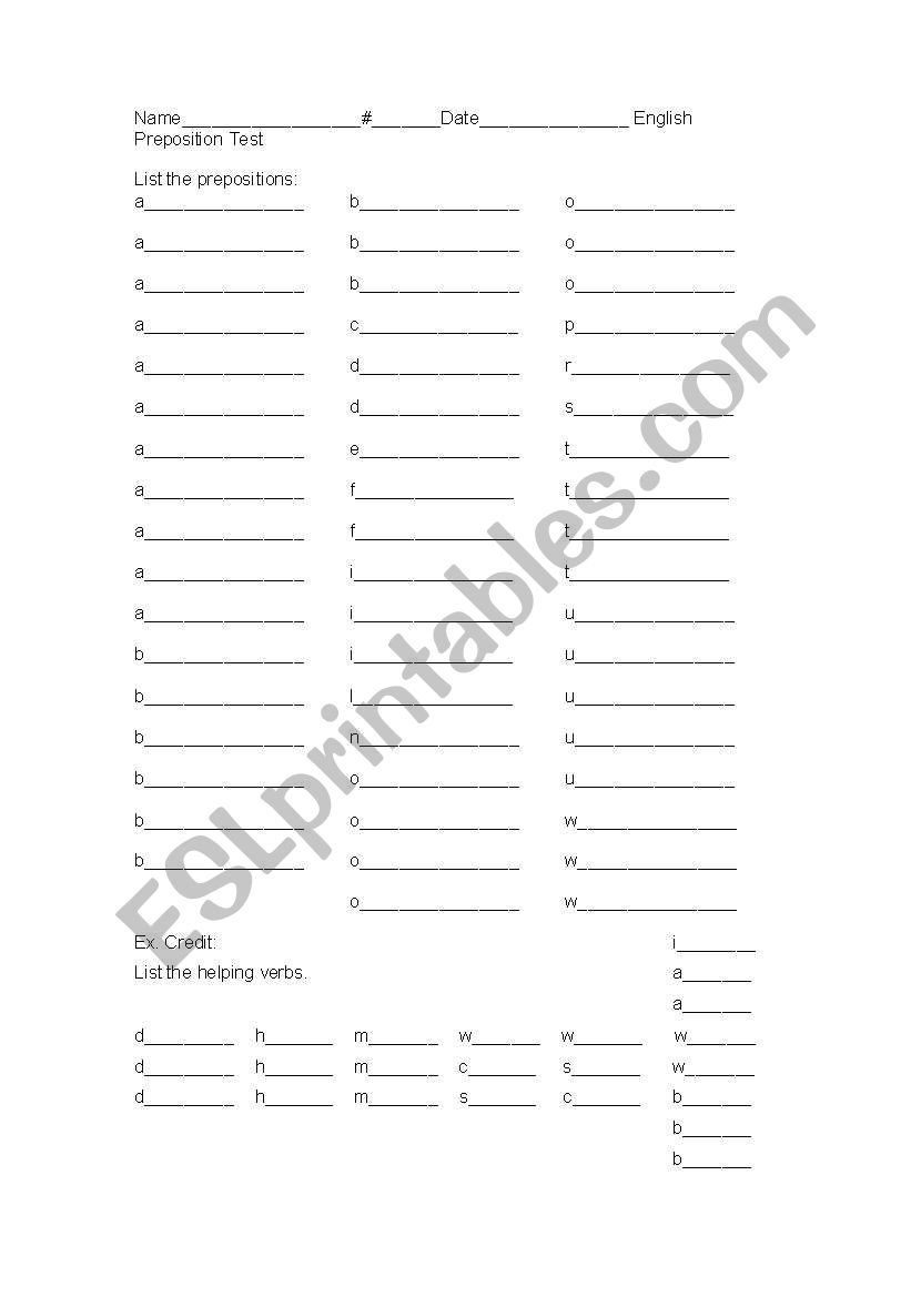 Prepositions Test worksheet