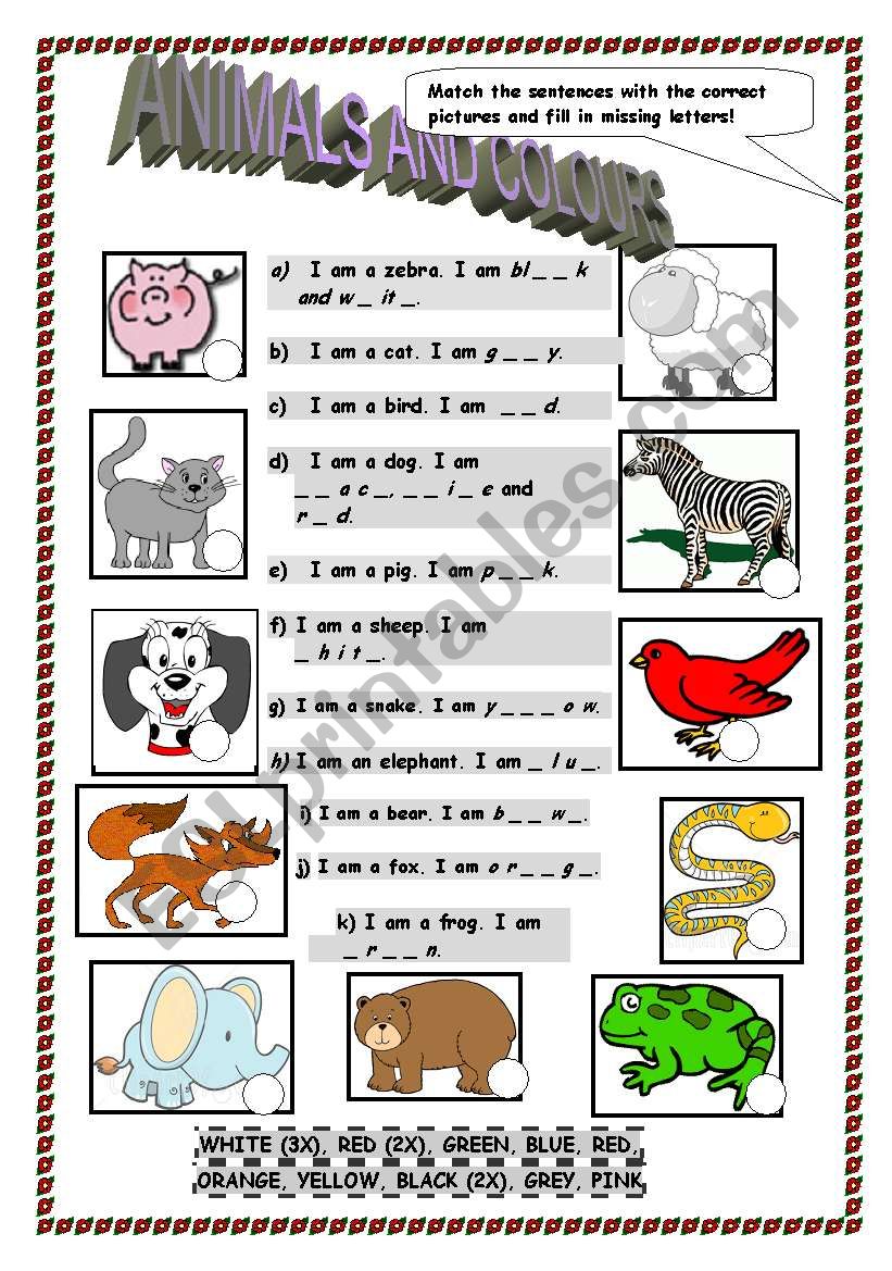 Animals and colours elementary worksheet
