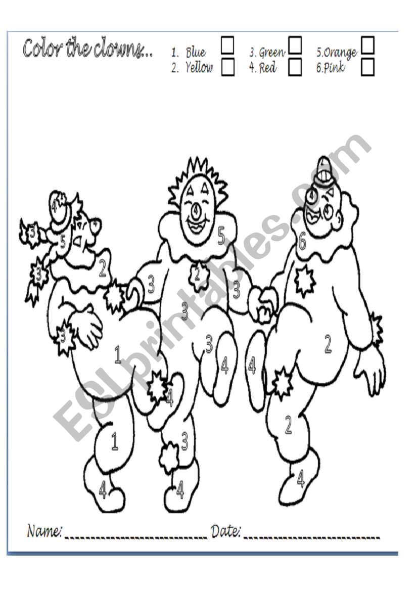 Color the clowns worksheet