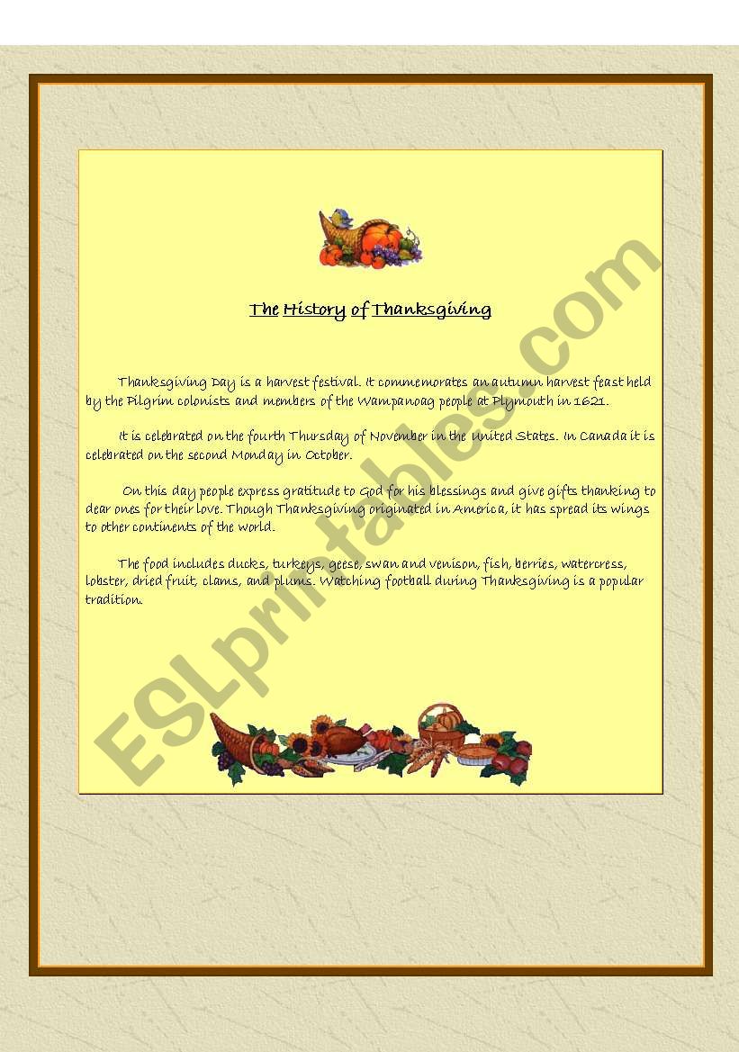 The history of Thanksgiving worksheet