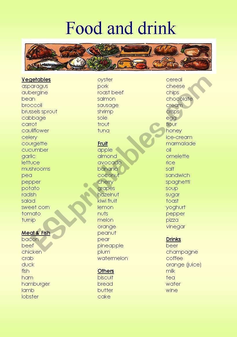 Food and drink vocabulary worksheet