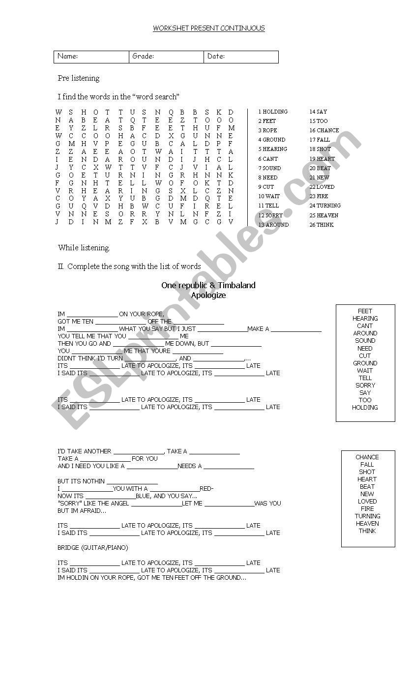 Song about Present continuous worksheet