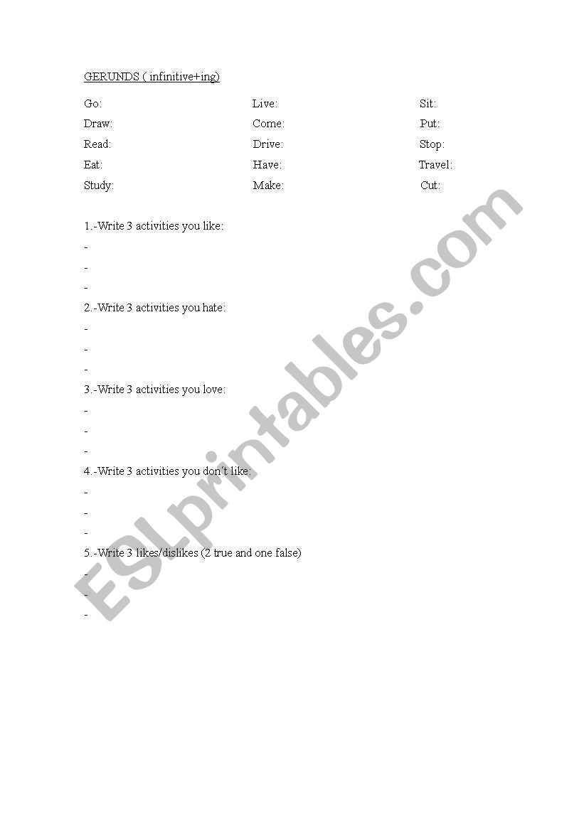 likes, dislikes + gerunds worksheet