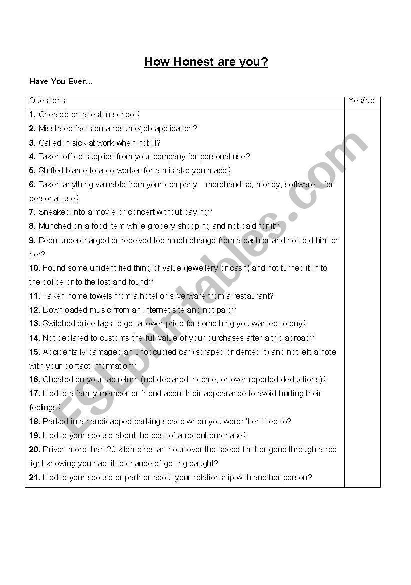 How honest are you? worksheet
