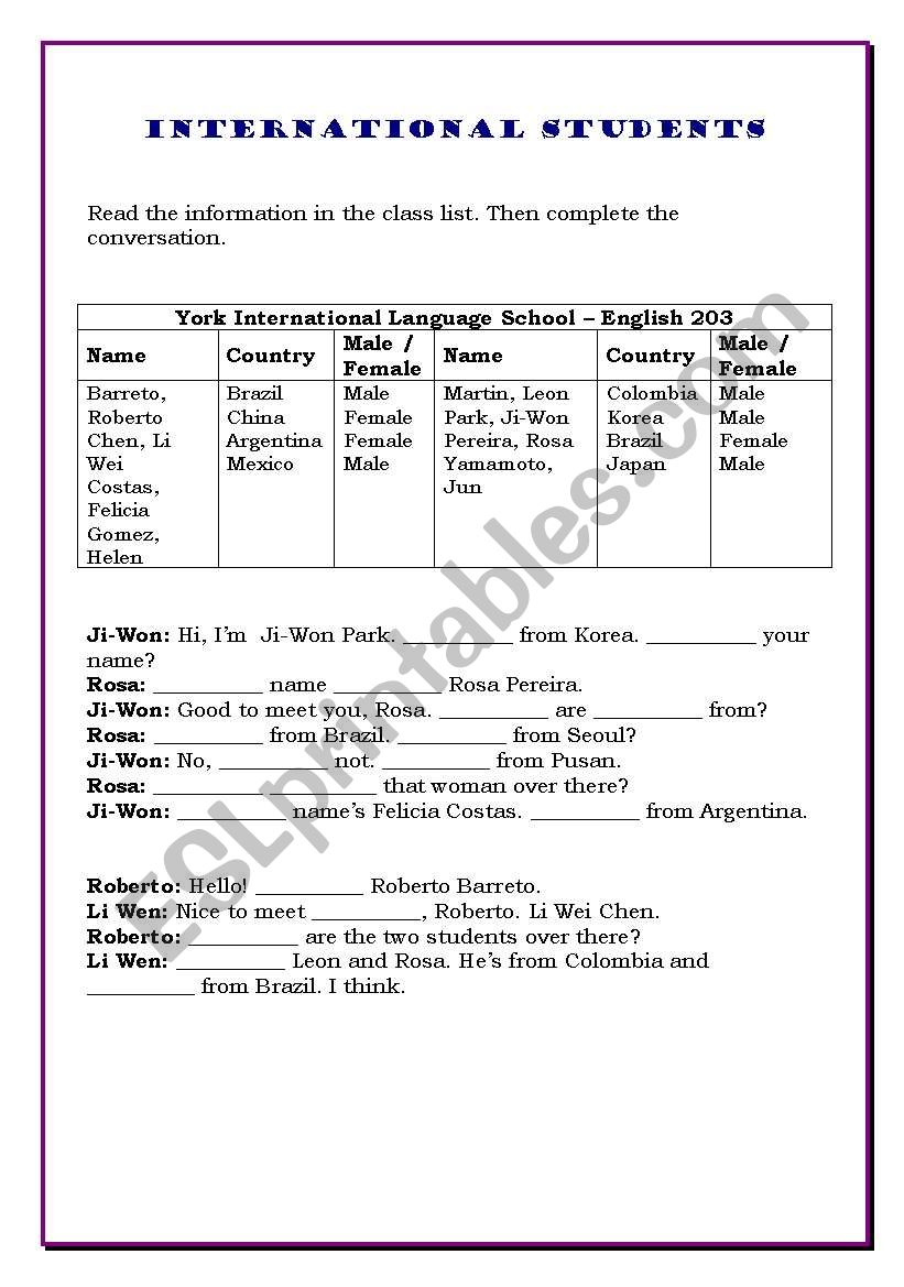 International Students worksheet