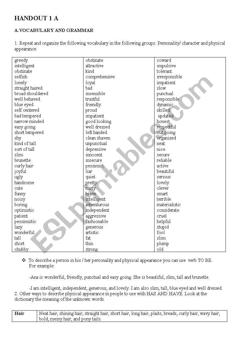 DESCRIBING PEOPLE worksheet