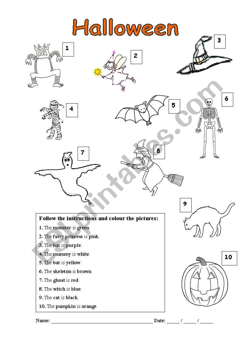 Halloween colouring exercise worksheet