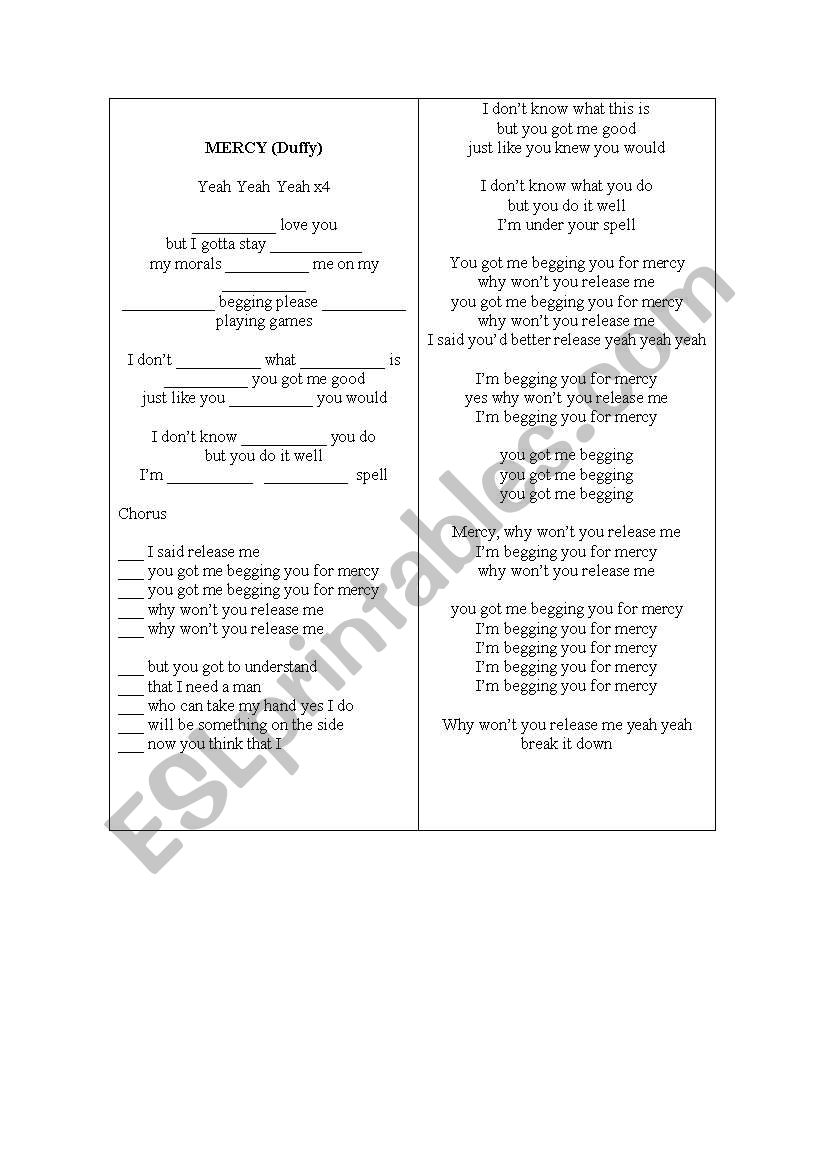 Mercy (Duffy) worksheet