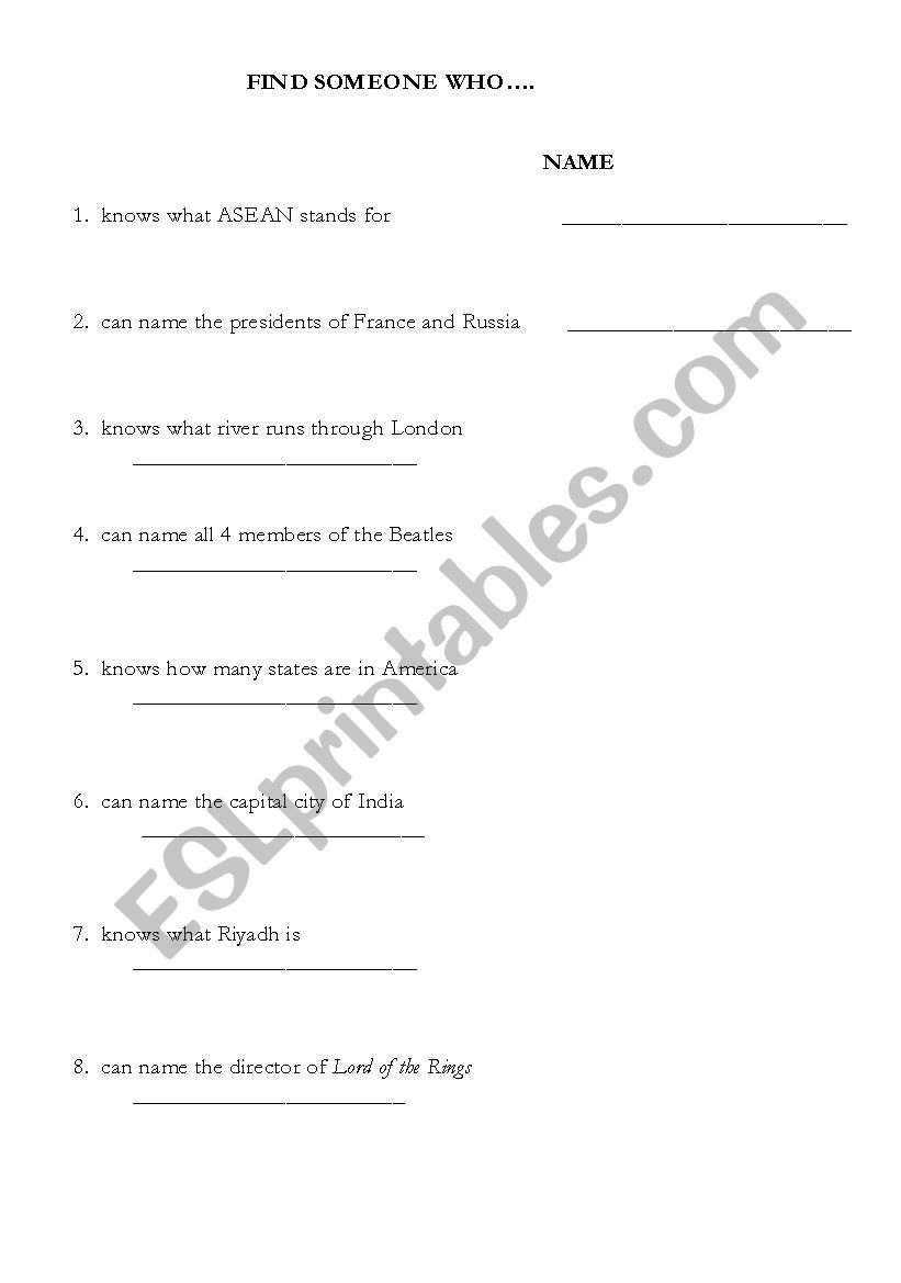 Find Someone Who worksheet