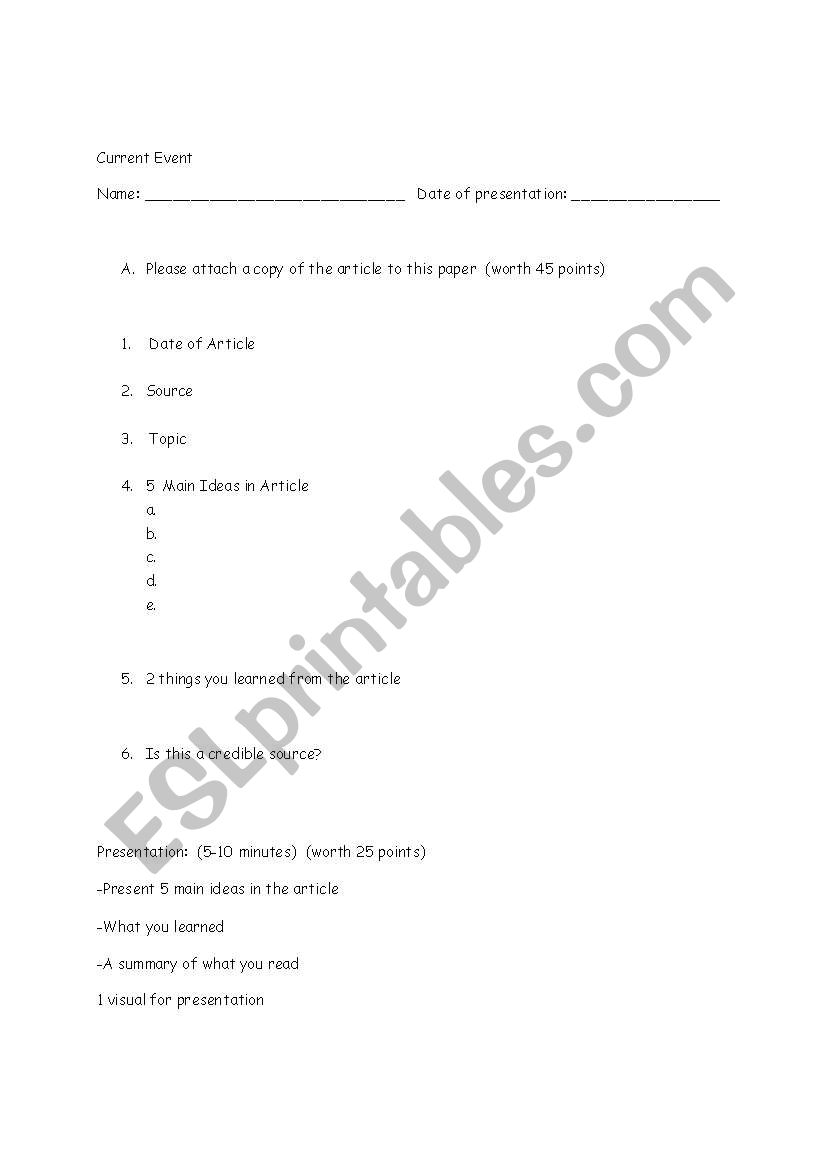 Current Event (Written) worksheet